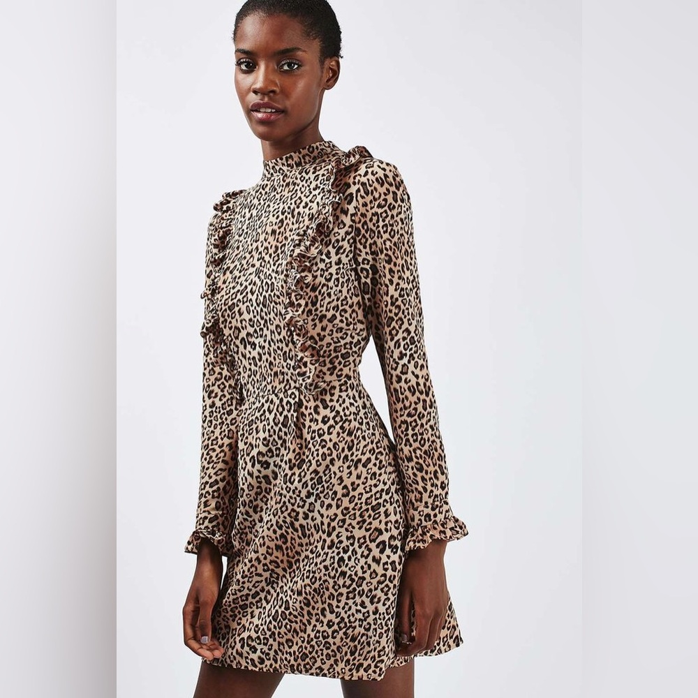Leopard Print Long Sleeve Mini Dress with Ruffles - Picture 7 of 7